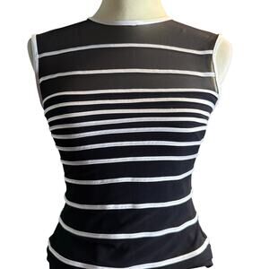 Tadashi Shoji Black Mesh Stripe Illusion Top, Neiman Marcus, Size Petite Medium